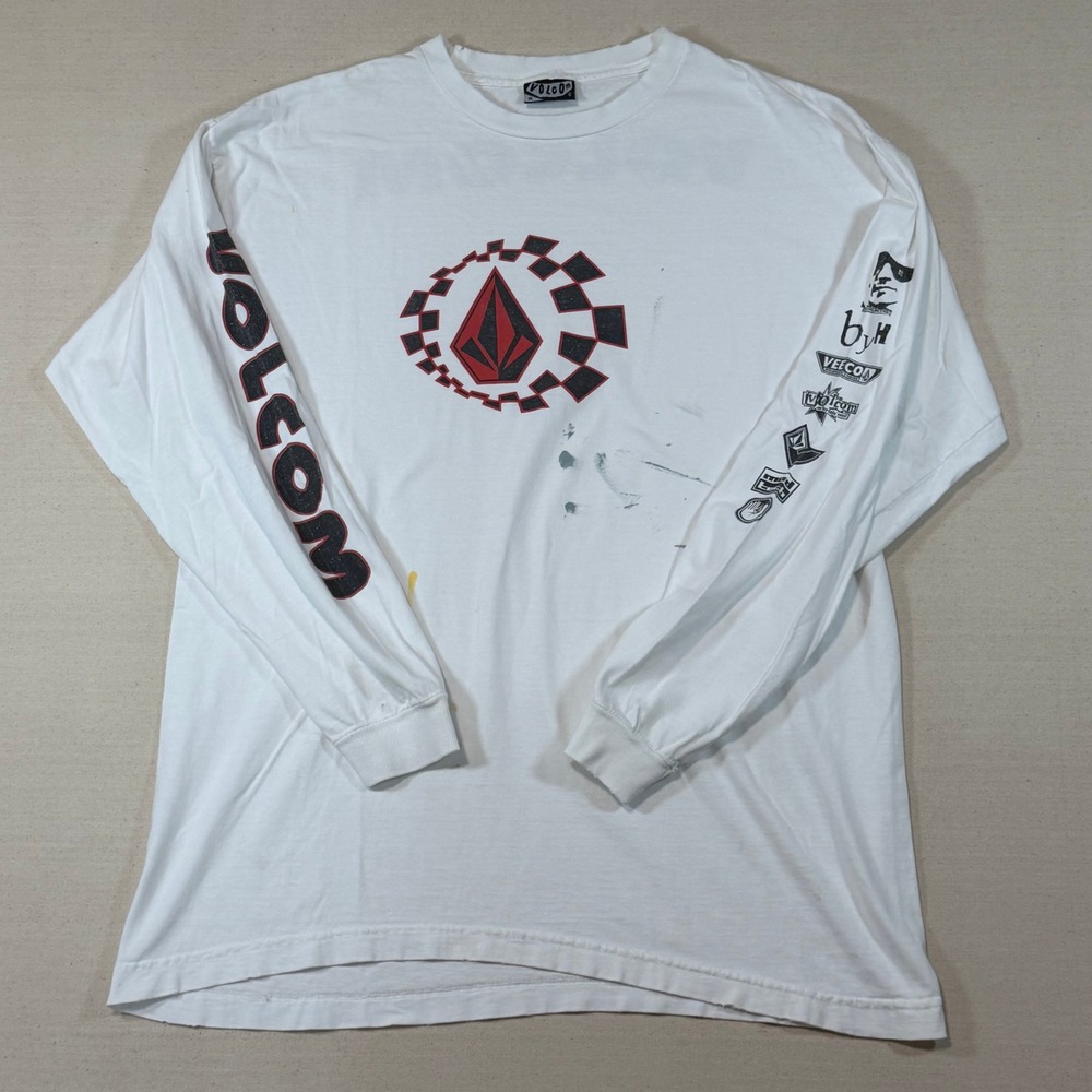 Vintage Volcom Stone Long Sleeve T-Shirt White Distressed Skater XL Test Print